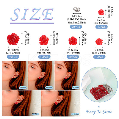 50Pcs 5 Size Resin Rose Flower Stud Earrings with 316 Stainless Steel Pins EJEW-TA0001-29-1