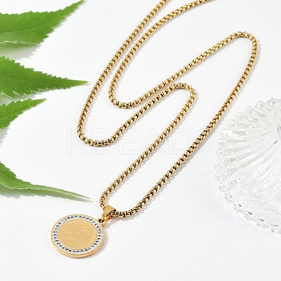 201 Stainless Steel Micro Pave Clear Cubic Zirconia Flat Round Pendant Box Chain Necklaces for Men NJEW-S387-03G-1