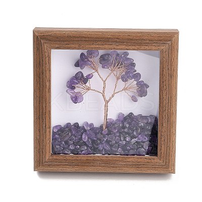 Natural Amethyst Chips Tree of Life with Wooden Photo Frame Decorations DJEW-B013-04B-1