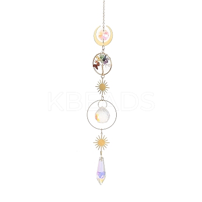 Wire Wrapped Natural Mixed Stone Ring with Tree of Life Pendant Decorations HJEW-K046-05G-02-1