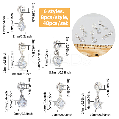 48Pcs 6 Styles Alloy Pave Clear Cubic Zirconia European Dangle Charms PALLOY-FI00002-1