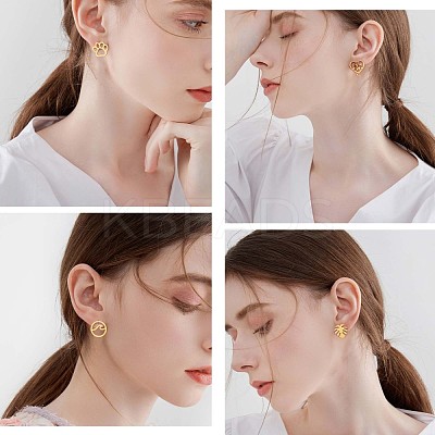 6 Pairs 6 Style Butterfly & Leaf & Tree of Life & Cat Claw Print & Music Note & Wave 316 Surgical Stainless Steel Stud Earrings for Women JE932A-1
