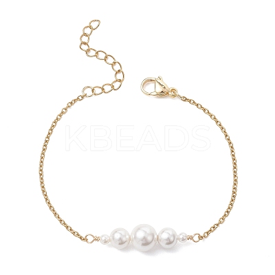 Shell Pearl White Round Graduated Beaded 304 Stainless Steel Cable Chain Bracelets for Women BJEW-JB12981-1