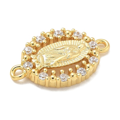 Rack Plating Brass Clear Cubic Zirconia Religion Oval Virgin Mary Connector Charms KK-L224-097G-1