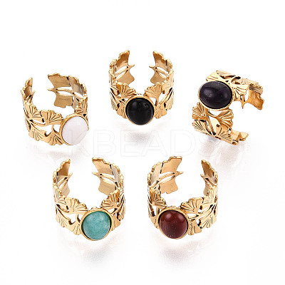 Leaf 304 Stainless Steel Open Cuff Rings RJEW-Z078-21G-1