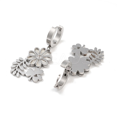 Left and Right Clover & Flower 304 Stainless Steel Shell Dangle Earrings EJEW-L283-068P-1