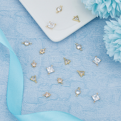 16Pcs 4 Styles Brass Pave Clear Cubic Zirconia Connector Charms KK-FH0007-30-1