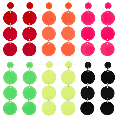 6 Pairs 6 Colors Flat Round Acrylic Dangle Stud Earrings with Steel Iron Pins for Women EJEW-AN0004-13-1