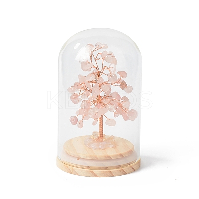 Natural Rose Quartz Chips Money Tree in Dome Glass Bell Jars with Wood Base Display Decorations DJEW-B007-04B-1