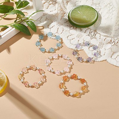 5Pcs 5 Color Glass Plum Blossom & Imitation Pearl Beaded Stretch Bracelets Set BJEW-JB08943-1