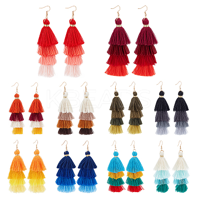 10 Pairs 10 Colors Multi-layer Cotton Tassel Dangle Earrings EJEW-AN0001-67-1