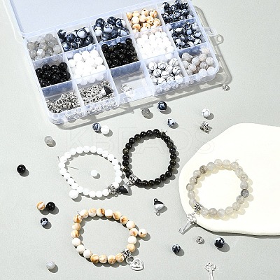DIY Alloy & Round Natural White Jade & Obsidian & Crackle Agate & Synthetic Howlite Beads Couple Bracelets Jewelry Making Kits DIY-FS0007-49-1