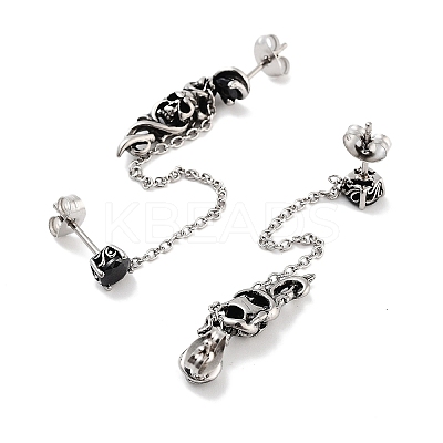 Halloween Skull 316 Surgical Stainless Steel Pave Black Cubic Zirconia Dangle Chains Stud Earrings EJEW-Z050-59AS-1
