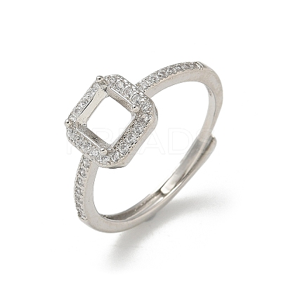 Square Brass Micro Pave Clear Cubic Zirconia Adjustable Ring Components KK-NH0001-21P-1