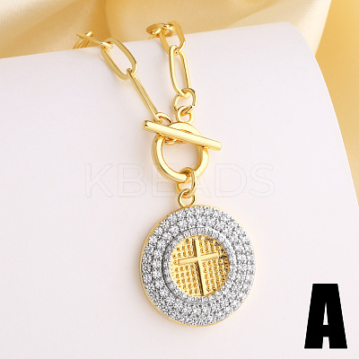 Duo Tone Religion Brass Micro Pave Clear Cubic Zirconia Flat Round Pendant Necklaces WGC6F64-01-1