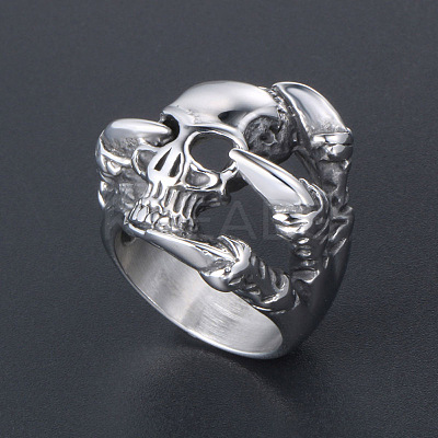 304 Stainless Steel Skull with Claw Finger Ring SKUL-PW0002-031D-P-1