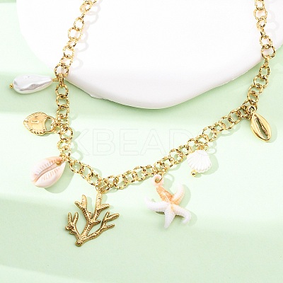 304 Stainless Steel Coral Shape & Resin Shell & Plastic Imitation Pearl Pendant Necklaces for Women NJEW-F352-01G-1