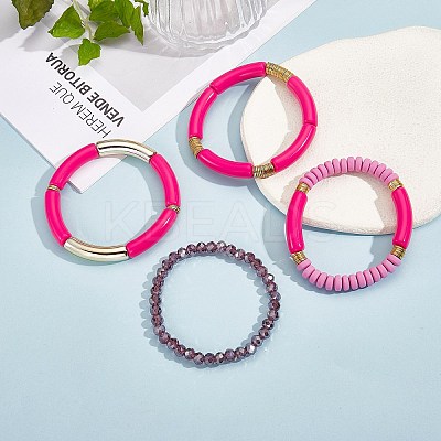 4Pcs 4 Style Acrylic Chunky Curved Tube Stretch Bracelet Sets BJEW-SW00074-01-1
