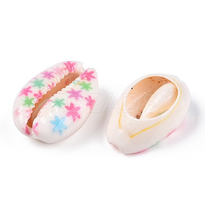 Flower Printed Cowrie Shell Beads SSHEL-ZX006-09A-1