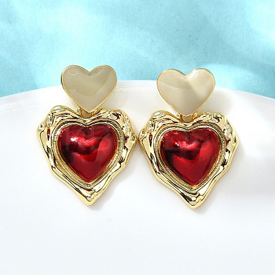 Heart Brass Enamel Stud Earrings EJEW-Z086-17G-02-1