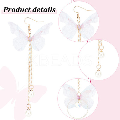 2 Pairs 2 Style Fabric Butterfly with Plastic Pearl Beaded Dangle Earrings EJEW-AN0002-84-1