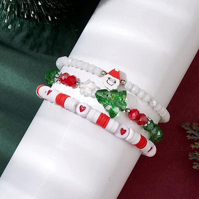 3Pcs 3 Styles Polymer Clay & Glass Beaded Stretch Bracelet Sets BJEW-JB10676-1