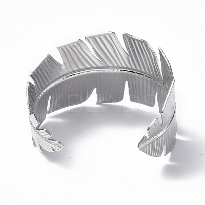Non-Tarnish 304 Stainless Steel Feather Open Cuff Bangle for Women BJEW-F442-01P-1