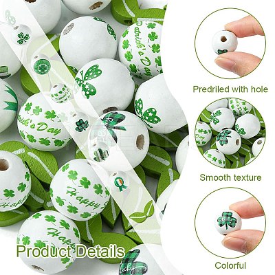 40Pcs 4 Styles Saint Patrick's Day Theme Spray Painted Natural Wood Beads WOOD-FS0001-13-1