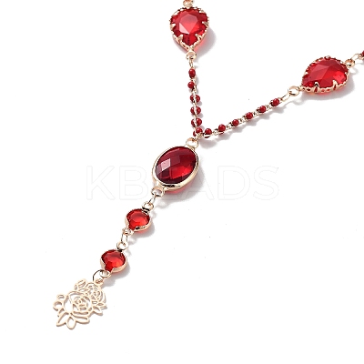 Red Oval & Teardrop Glass Lariat Necklace with Brass Chains NJEW-A015-18KCG-1