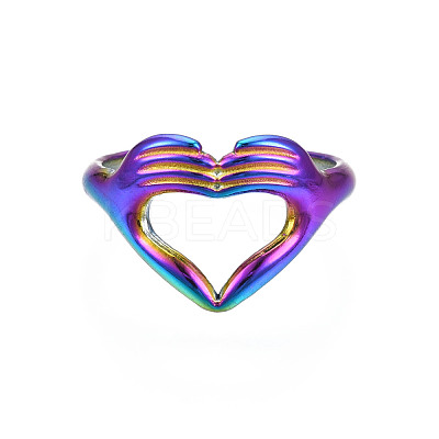 Ion Plating(IP) Rainbow Color 304 Stainless Steel Heart Gesture Open Cuff Ring for Women RJEW-S405-260M-1