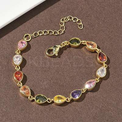 Teardrop Brass Pave Cubic Zirconia Link Chain Bracelets for Women BJEW-P385-06G-1