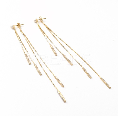 Brass Long Tassel Dangle Stud Earrings with Acrylic Pearl EJEW-F281-14G-1
