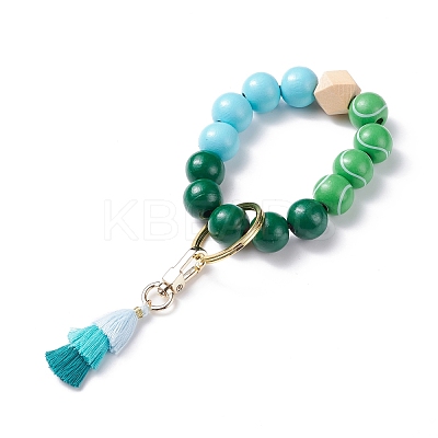 Round & Polygon Natural Wood Beads Stretch Bracelets Keychains KEYC-JKC00318-1