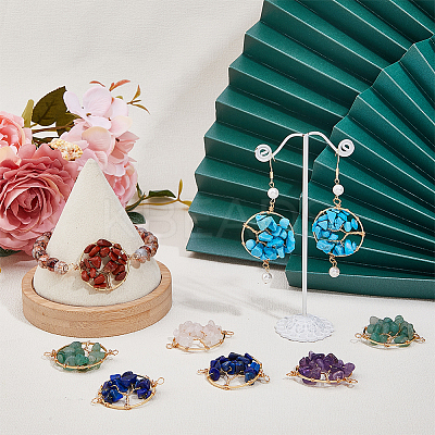 12Pcs 6 Styles Natural & Synthetic Mixed Gemstone Chip Tree of Life Connector Charms FIND-HY0002-71-1