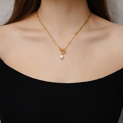 Minimalist Imitation Pearl Rice Pendant Stainless Steel PaPerclip Chain Necklaces for Everyday Women's Wear LS-OX8079-2-1