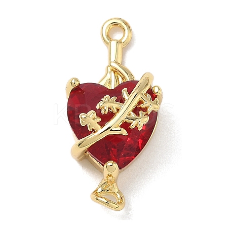 Brass with Glass Dark Red Sacred Heart Connector Charms KK-L253-27G-05-1