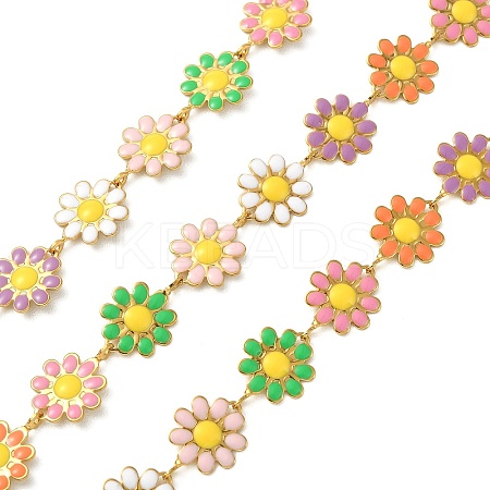 304 Stainless Steel Daisy Flower Link Chains with Enamel AJEW-CJ0001-22C-1