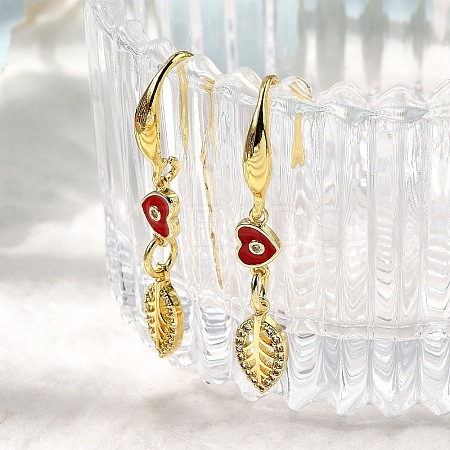 Leaf with Heart Brass Micro Pave Clear Cubic Zirconia Dangle Earrings EJEW-C155-01G-1