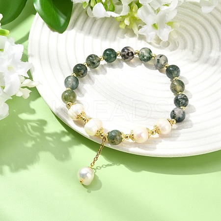 Natural Moss Agate & Natural Pearl Bead Charm Bracelets BJEW-JB14141-01-1