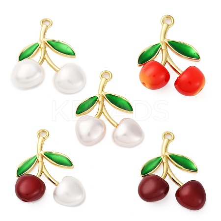Brass Green Enamel & Plastic Cherry Pendants KK-I276-17G-1