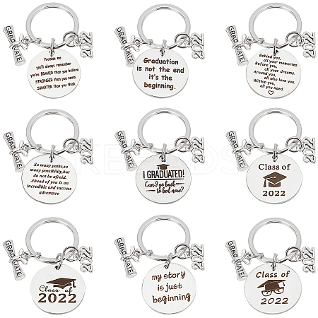 9Pcs 9 Style Graduation Theme 201 Stainless Steel Keychain Clasps KEYC-PH0001-52-1