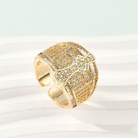 Brass Micro Pave Clear Cubic Zirconia Open Cuff Rings for Women RJEW-A059-04G-1