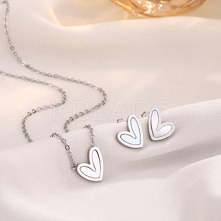 Heart Stainless Steel & Natural Shell Pendant Necklaces & Stud Earrings Sets FS-WG4CC15-01-1