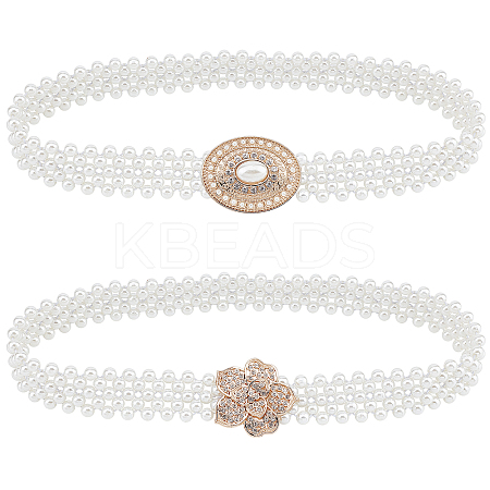 CRASPIRE 2Pcs 2 Style ABS Plastic Pearl Braided Stretch Chain Belts with Alloy Oval Clasp AJEW-CP0001-65-1