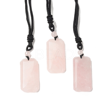 Natural Rose Quartz Rectangle Pendant Necklace with Nylon Cord for Women NJEW-C001-01A-03-1