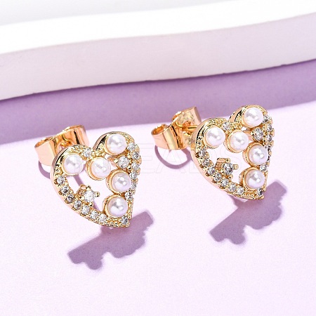 Brass Micro Pave Clear Cubic Zirconia Heart Stud Earrings EJEW-K267-39G-1