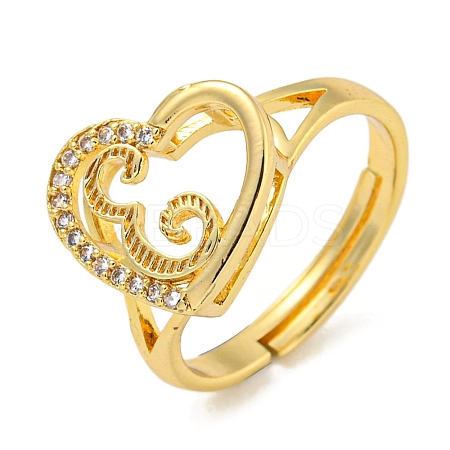 Heart with Letter Rack Plating Brass Micro Pave Cubic Zirconia Adjustable Rings for Women RJEW-I105-06G-E-1
