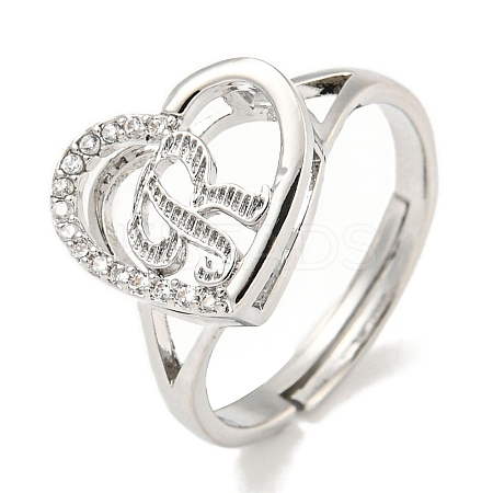 Heart with Letter Rack Plating Brass Micro Pave Cubic Zirconia Adjustable Rings for Women RJEW-I105-06P-R-1