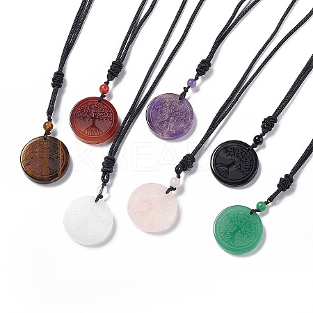 Natural Gemstone Flat Round with Tree of Life Pendant Necklace with Nylon Cord for Women NJEW-P274-03-1