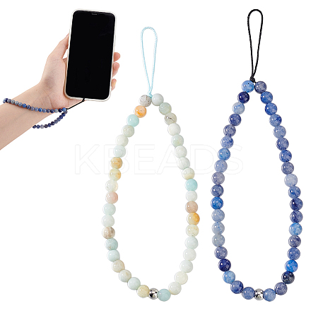 2Pcs 2 Styles Natural Blue Aventurine & Flower Amazonite Beaded Mobile Phone Lanyard Wrist Strap AJEW-AN0007-48-1